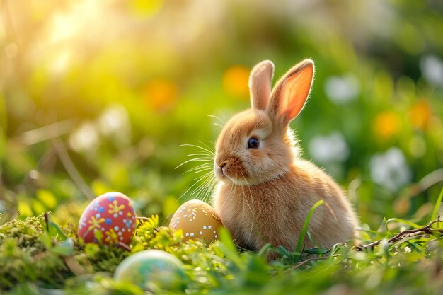 Easter Cute Bunny In Sunny Garden With Decorated Colorful Eggs