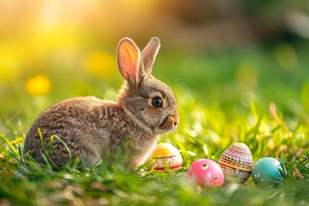 Милый пасхальный кролик в солнечном саду с украшенными красочными яйцами