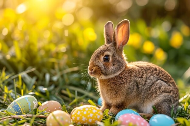 Easter Cute Bunny In Sunny Garden With Decorated Colorful Eggs