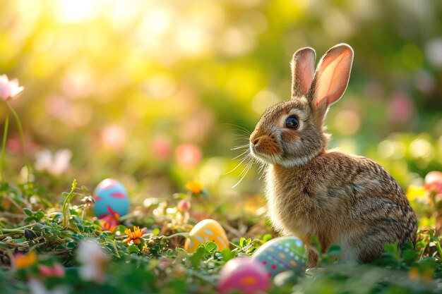 Easter Cute Bunny In Sunny Garden With Decorated Colorful Eggs