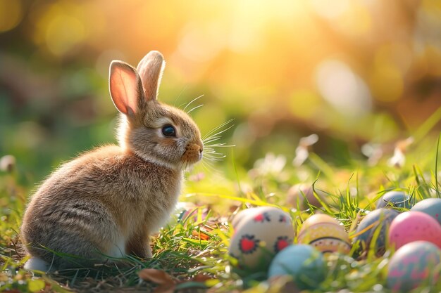 Easter Cute Bunny In Sunny Garden With Decorated Colorful Eggs