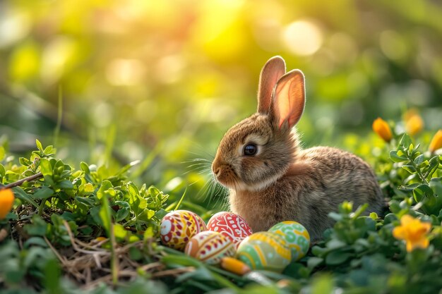 Easter Cute Bunny In Sunny Garden With Decorated Colorful Eggs