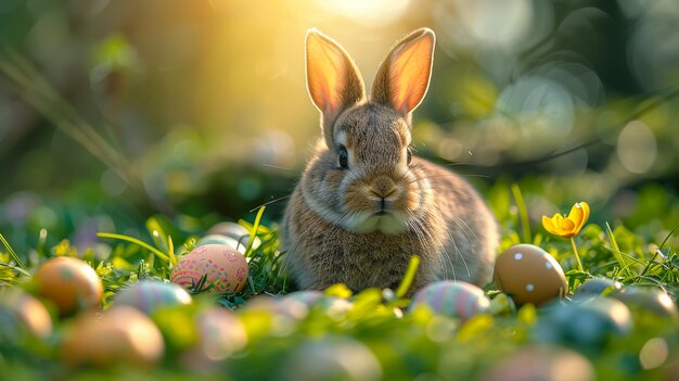 Easter Cute Bunny In Sunny Garden With Decorated Eggs