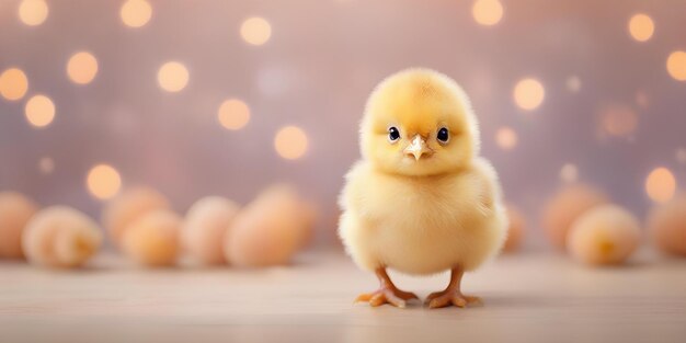 Easter cute little chicken on blurred background in trendy Peach Fuzz color Elegant backdrop