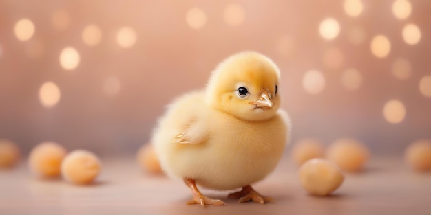 Easter cute little chicken on blurred background in trendy Peach Fuzz color Elegant backdrop