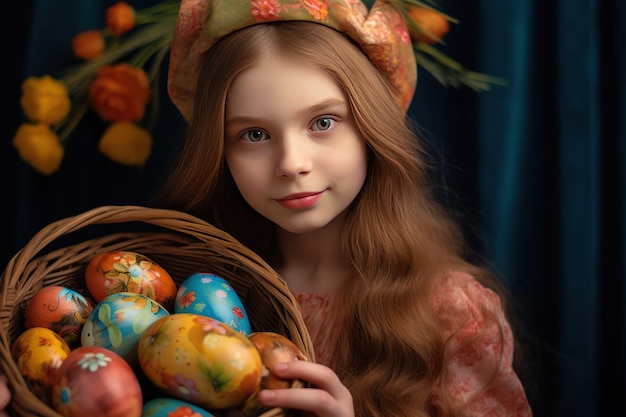 Easter cuteness of children Young woman holding a basket with colorful painted eggs