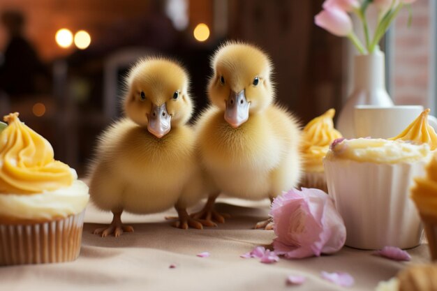 Foto dolcezza di pasqua anatroccoli soffici sul tavolo con dolcetti di pasqua