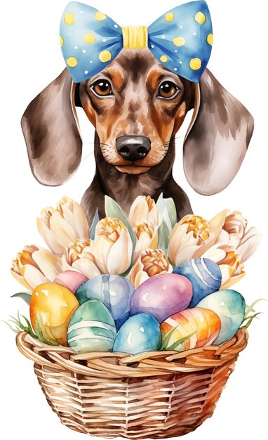 Easter dachshund portrait watercolor illustration