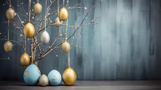 Easter dark rustic still life greeting card with quail eggs in nest and blooming cherry branch Dark wooden background Easter holiday time Copy space