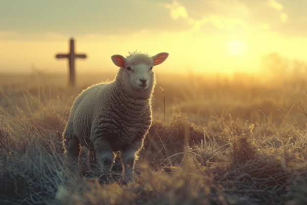 Photo easter dawn lamb of god in serene field