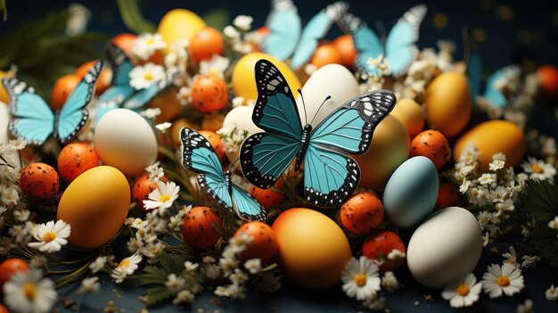 Photo easter day background with egg ornaments butterflies and blurred background