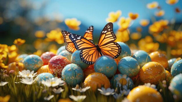 Пасхальный фон с украшениями из яиц, бабочками и размытым фоном