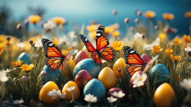 Easter day background with egg ornaments butterflies and blurred background