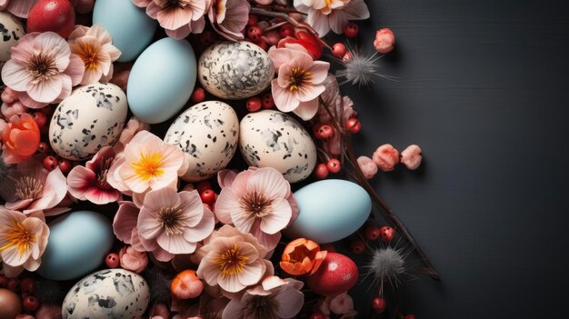 Easter day background with egg ornaments flowers and minimalist background colors