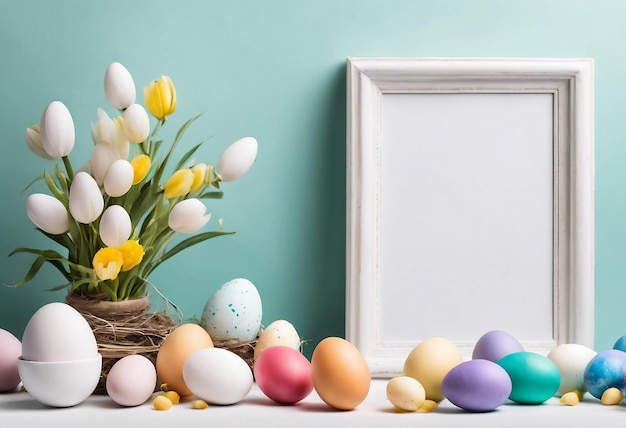 Easter day composition made with colorful eggs and white frame border