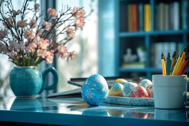 Easter day concept in desk with bunny sweets or colorful decorative egg Decoration easter on table