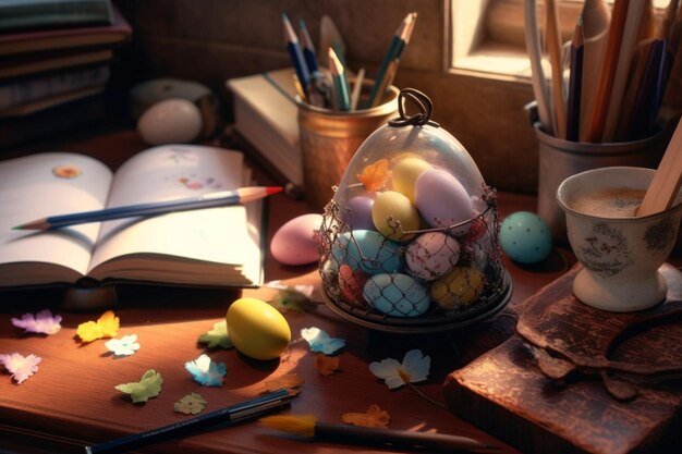 Easter day concept in desk with bunny sweets or colorful decorative egg Decoration easter on table