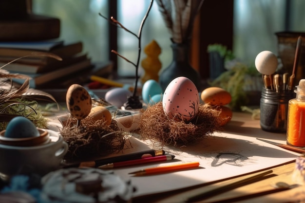 Easter day concept in desk with bunny sweets or colorful decorative egg Decoration easter on table