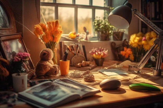 Easter day concept in desk with bunny sweets or colorful decorative egg Decoration easter on table
