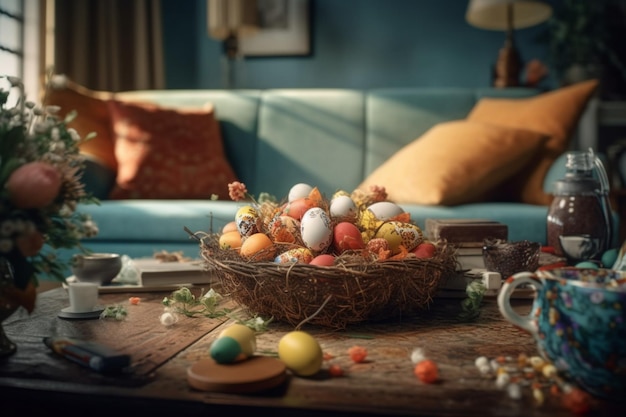 Easter day concept in living room with bunny sweets or colorful decorative eggs easter celebration