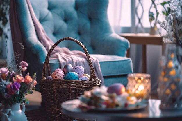 Easter day concept in living room with bunny sweets or colorful decorative eggs easter celebration