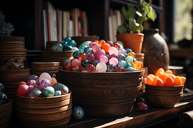 Концепция пасхального дня в гостиной с кроличьими сладостями или красочными декоративными яйцами Пасхальное празднование