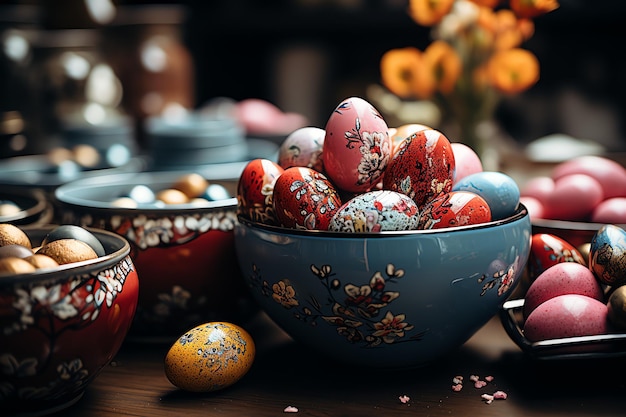 Easter day concept in living room with bunny sweets or colorful decorative eggs Easter celebration