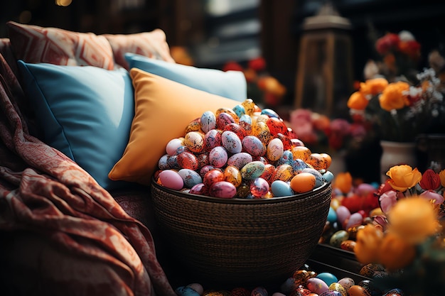 Easter day concept in living room with bunny sweets or colorful decorative eggs Easter celebration