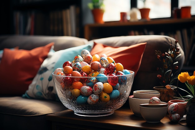 Easter day concept in living room with bunny sweets or colorful decorative eggs Easter celebration