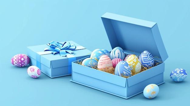 Easter day design Realistic blue gifts boxes Open gift box full decorative festive Generative Ai