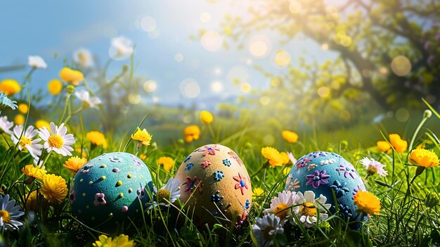 Photo easter day easter background with basket of eggs ai generated