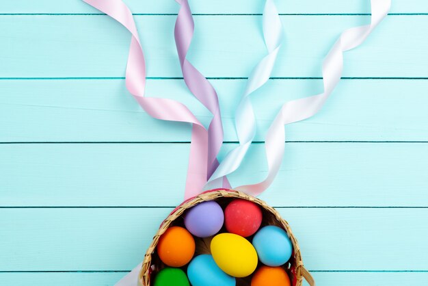 Easter Day Eggs, Decorated colorful Eggs on blue wooden table