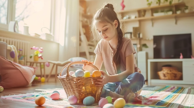 Easter Day girl living room basket vibrant eggs