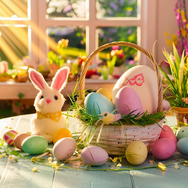 Фото на Пасхальный день корзина пасхальных яиц с кроликом на вершине