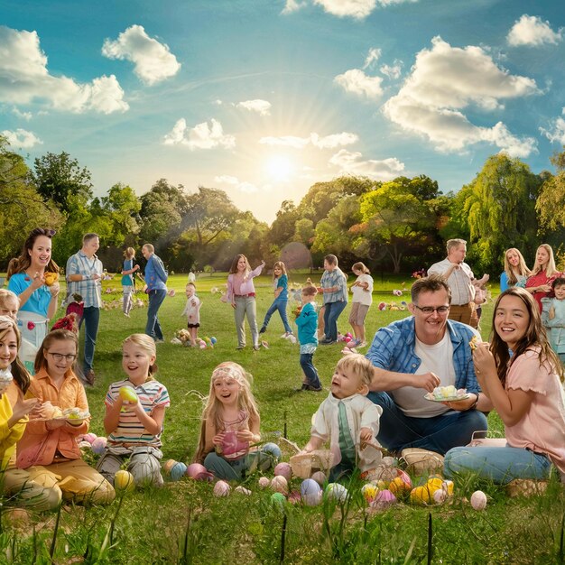 Easter Day photo a family is sitting in a field with the sun shining through the clouds