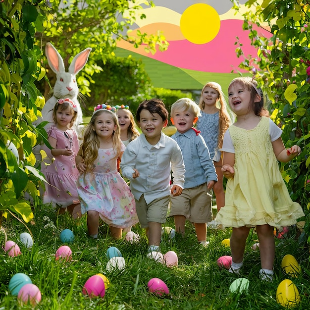 Easter day potho a group of children are walking in a field with easter eggs