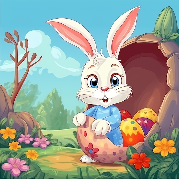 Easter day with cartoon cute happy bunny holding colorful egg or bouquet laughing decoration easter