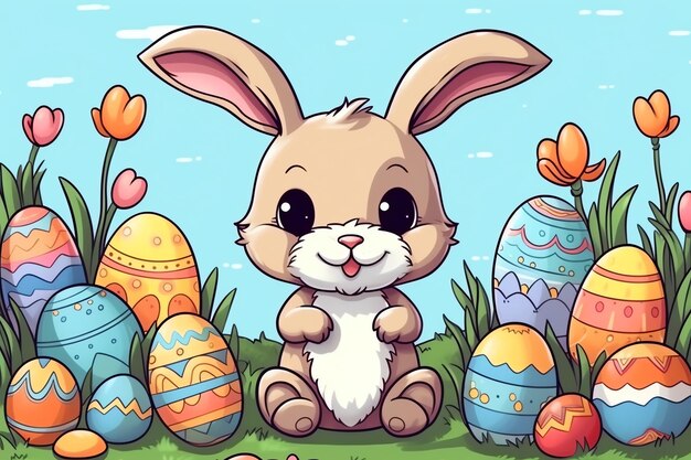 Photo easter day with cartoon cute happy bunny holding colorful egg or bouquet laughing decoration easter