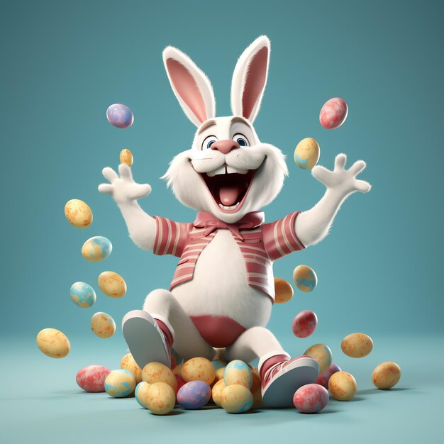 Foto giorno di pasqua con un coniglietto cartoon carino felice che tiene un uovo colorato o un bouquet che ride decorazione di pasqua