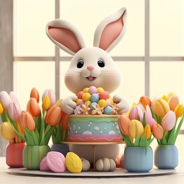 Foto giorno di pasqua con un coniglietto cartoon carino felice che tiene un uovo colorato o un bouquet che ride decorazione di pasqua