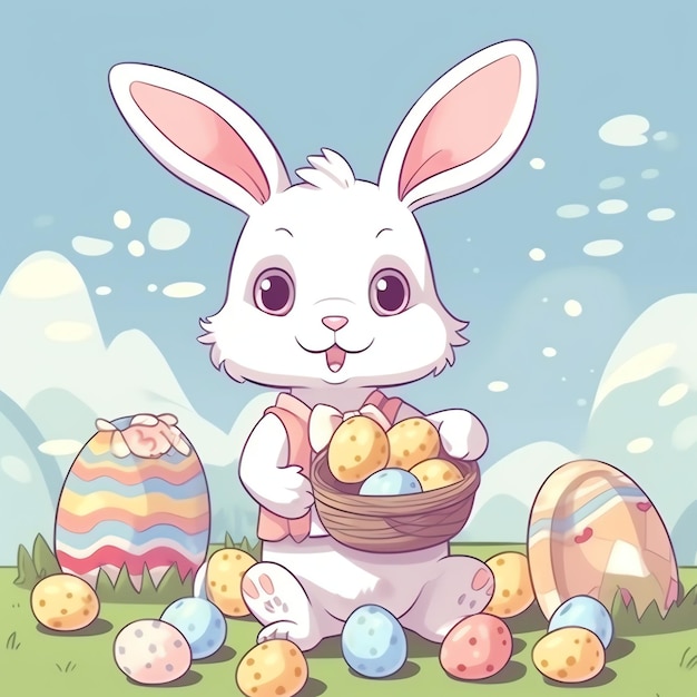 Photo easter day with cartoon cute happy bunny holding colorful egg or bouquet laughing decoration easter