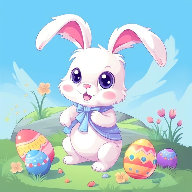 Easter day with cartoon cute happy bunny holding colorful egg or bouquet laughing decoration easter