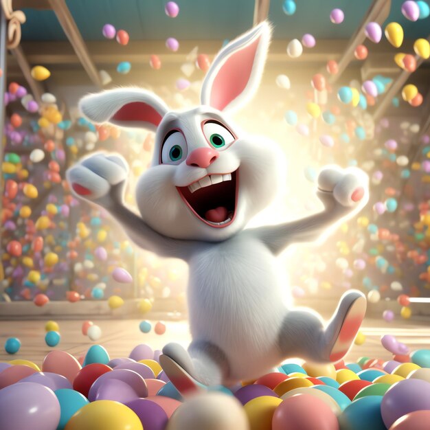 Photo easter day with cartoon cute happy bunny holding colorful egg or bouquet laughing decoration easter