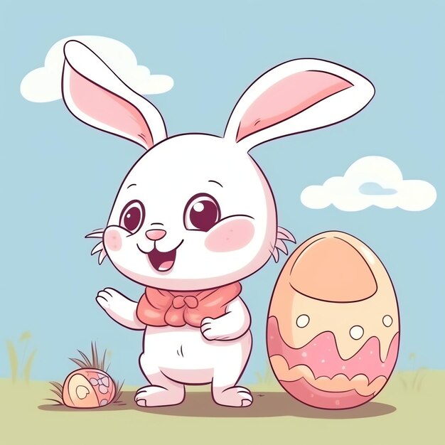 Photo easter day with cartoon cute happy bunny holding colorful egg or bouquet laughing decoration easter