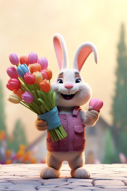 Фото Пасхальный день с мультфильмом милый счастливый кролик с красочным яйцом или букетом смеха декорация пасхи