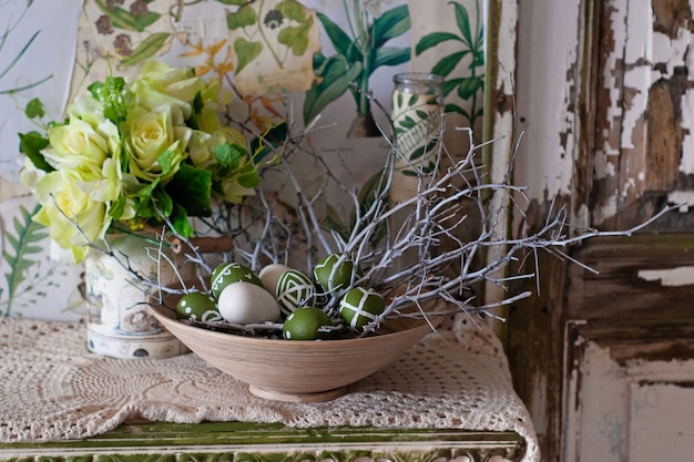 Easter decor. Painted eggs. Botany and vintage