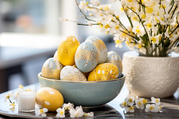 Easter decor with painted eggs in blue and yellow colors