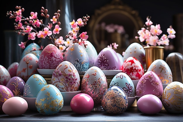 Photo easter decor with painted eggs in pastel colors and pink flowers