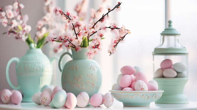 ピンクとミントの卵とピンクの花で描かれたイースターの装飾