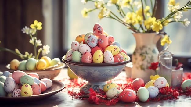 Photo easter decor with painted pink and yellow eggs and yellow flowers